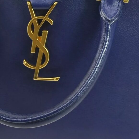 Auth SAINT LAURENT Cabas Handbag Shoulder Bag Navy Leather/Goldtone - Picture 12 of 16